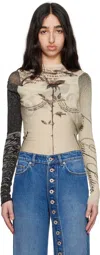 Jean Paul Gaultier Tattoo Print Cutout Double Layer Mesh Thong Bodysuit In Ecru/black/red