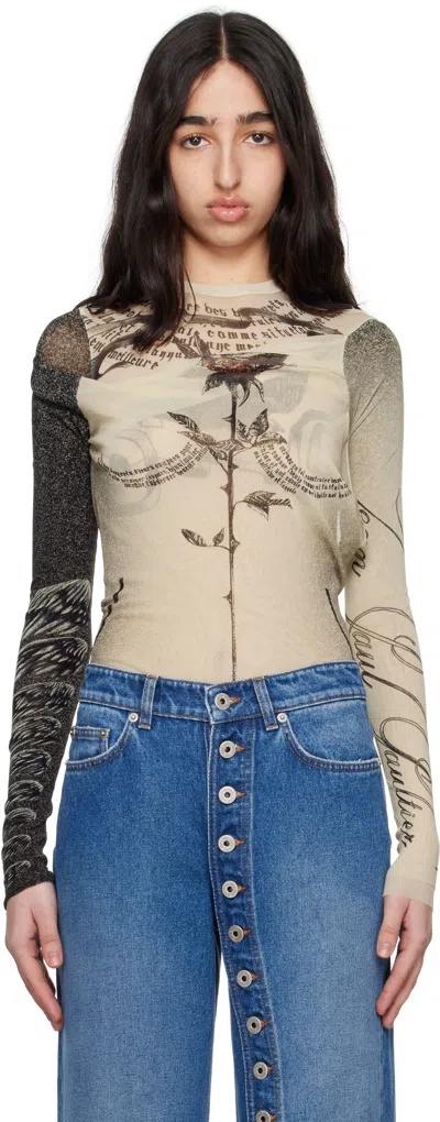 Jean Paul Gaultier Tattoo Print Cutout Double Layer Mesh Thong Bodysuit In Ecru/black/red