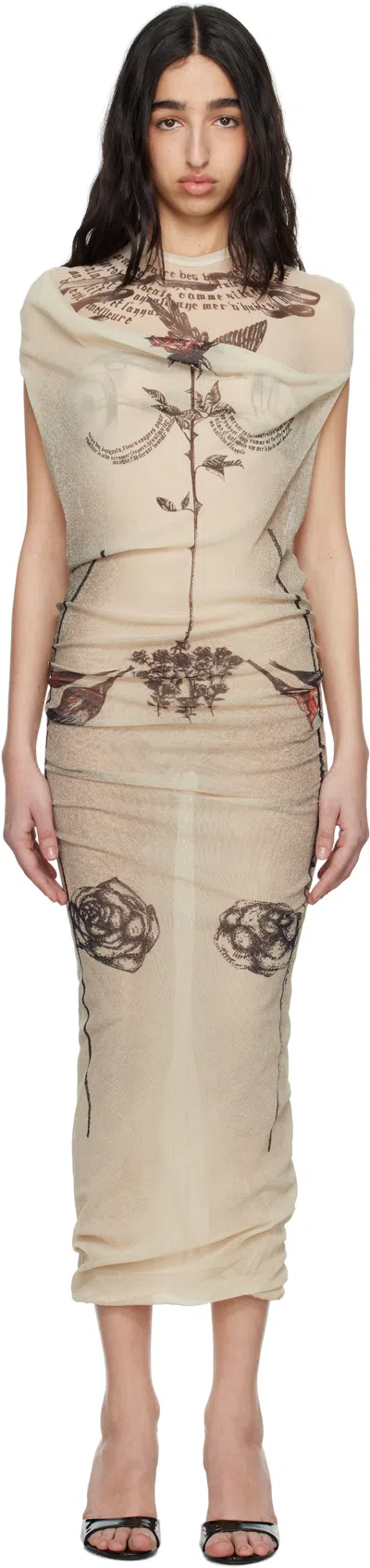 Jean Paul Gaultier The Tattoo Double Layer Printed Mesh Long Dress In Beige