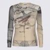 Jean Paul Gaultier The Double Layer Printed Mesh Long Sleeves Top In Ecru/black/red