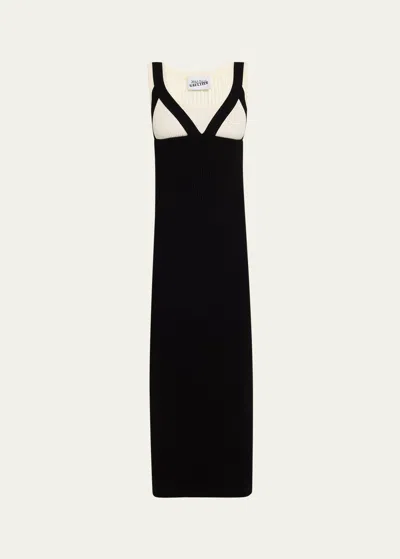 Jean Paul Gaultier Bicolor Rib Knit Sleeveless Strappy Maxi Dress In Black