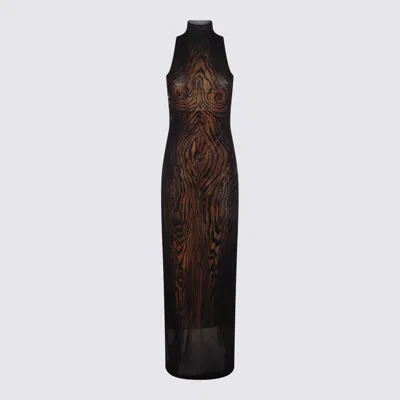 Jean Paul Gaultier Long Dress In Multicolor Mesh With High Neck And Sleeveless Design In Brown
