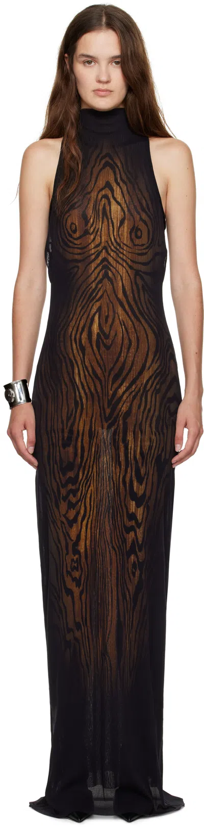 JEAN PAUL GAULTIER BLACK & BROWN 'THE LONG DRAPED WOOD' MAXI DRESS
