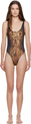 Jean Paul Gaultier Wood-print Scoopneck Swimsuit In Black
