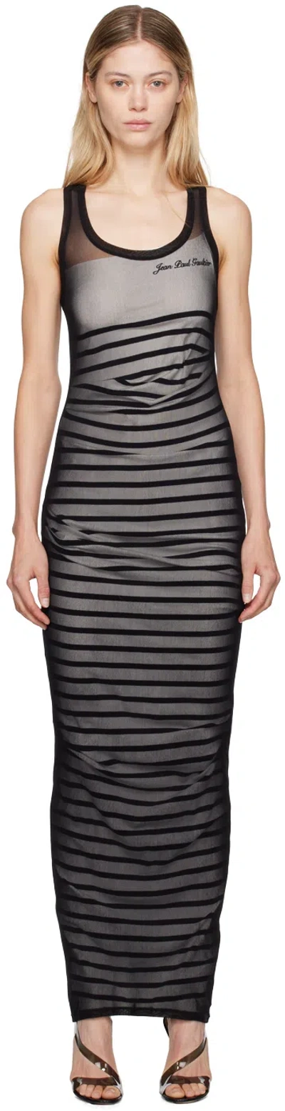 Jean Paul Gaultier Striped Printed Mesh Long Dress In Black