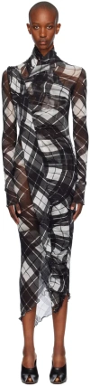 Jean Paul Gaultier Distorted Tartan-print Draped Mesh Maxi Dress In 000201-black/grey/wh