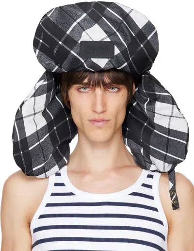 Jean Paul Gaultier Black & White Nylon Chapka Printed Tartan Aviator Hat In 000201-black/grey/wh