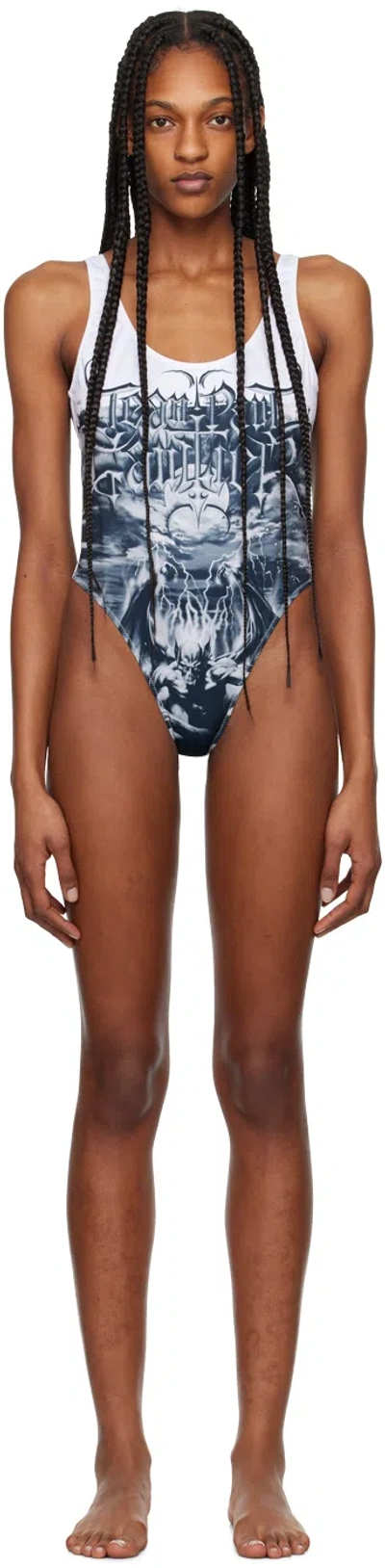 Jean Paul Gaultier Diablo Printed Swimsuit In White And Black