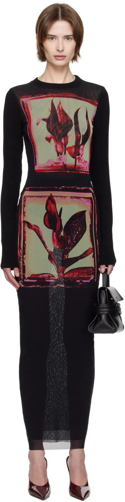 Jean Paul Gaultier Black Flowers Cadres Maxi Dress In 002142 Black/pink/mi