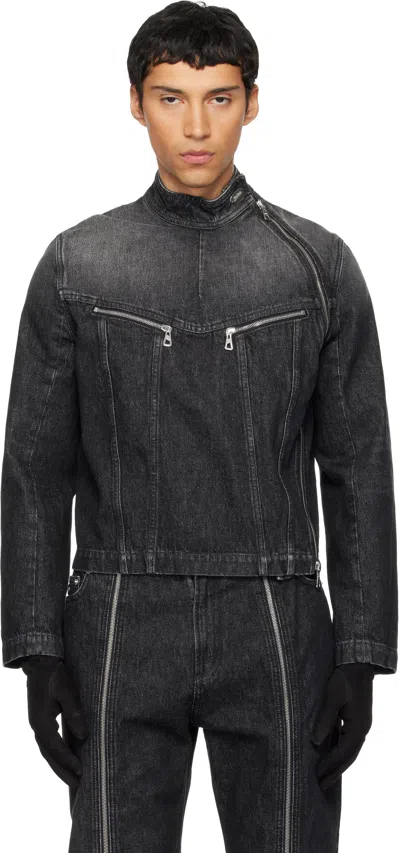 Jean Paul Gaultier Black High Neck Zipped Gloves Denim Jacket In Gray