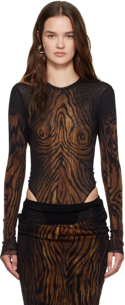Jean Paul Gaultier Black Mesh Double Layer Printed Wood Bodysuit In Multi