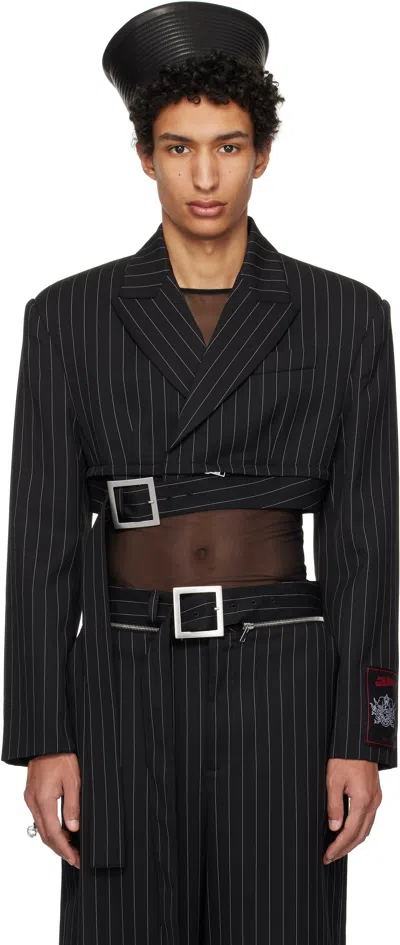 Jean Paul Gaultier Black Pinstripe Wool Cropped Tailored Blazer In 0001-black/white