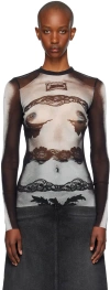 Jean Paul Gaultier Fitted Top With Graphic Lace Design In 000201-black/grey/wh