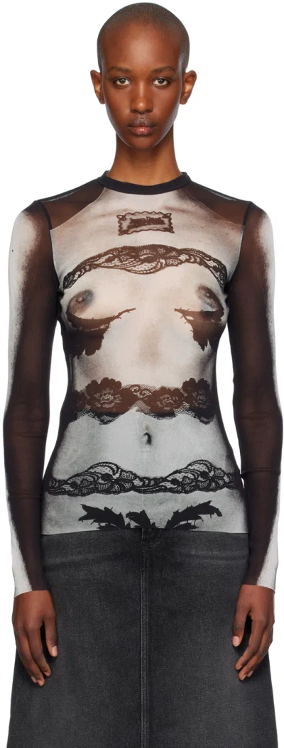 Jean Paul Gaultier Black Printed Long Sleeve T-shirt In 000201-black/grey/wh