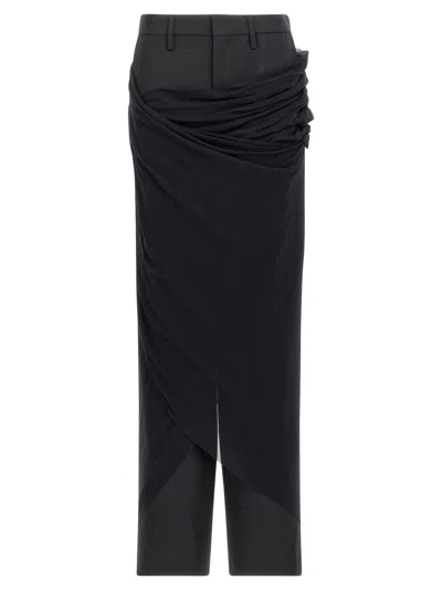 JEAN PAUL GAULTIER BLACK WOOL TROUSERS WITH TULLE DRAPING DETAIL