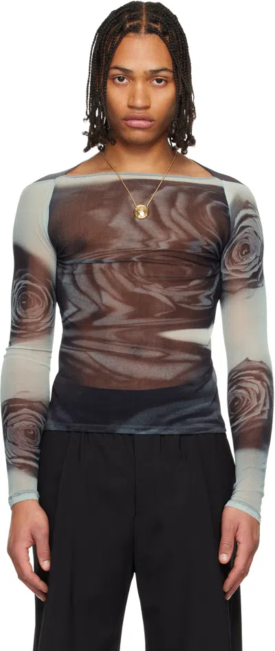 Jean Paul Gaultier Blue & Gray 'the Gray Blurry Roses' Top In Brown
