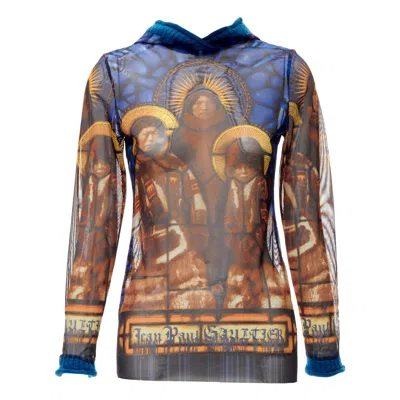 Pre-owned Jean Paul Gaultier Blue Cathedral Print Gothic Logo Wool Hooded Top It40 S