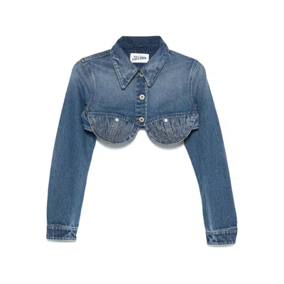 Jean Paul Gaultier Denim Cropped Jacket With Topstitching Details On Cups In Blue