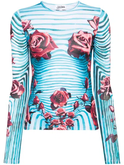 Jean Paul Gaultier Blue Morphing Rose-print Top In 503001 Blue/red/white