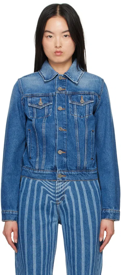 Jean Paul Gaultier Blue Printed Denim Jacket In 5701 Vintageblue/whi
