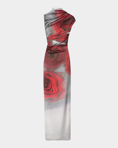 JEAN PAUL GAULTIER BLURRY ROSE-PRINT DRAPED SATIN MAXI DRESS