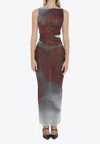 Jean Paul Gaultier Boat Neck Blurry Roses Printed Sleeveless Dress In Red