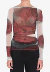Jean Paul Gaultier Women Blurry Roses Medaillon Print Mesh Boat Neck Top In Brown