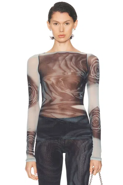 Jean Paul Gaultier Boat Neck Blurry Roses Printed Long Sleeve Top In Brown