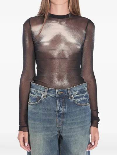 Jean Paul Gaultier Sheer Metallic Body Dust Crew Neck Top In Black
