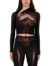 Jean Paul Gaultier Asymmetric Neck Long Sleeve Sheer Top In Brown