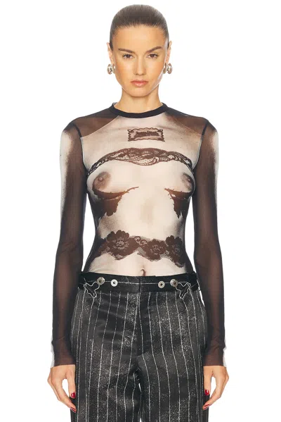 Jean Paul Gaultier Body Lace Mariniere Long Sleeve Top In Black  Grey  & White