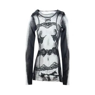 Pre-owned Jean Paul Gaultier Body Lace Mariniere Printed Mesh Top 'black' | Men's Size Xxs