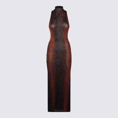 Jean Paul Gaultier High-neck Midi Dress With Snake Print In Silk And Nylon In Brown
