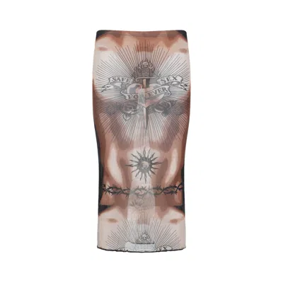 Jean Paul Gaultier Brown Safe Sex Tattoo Polyamide Midi Skirt In Multi