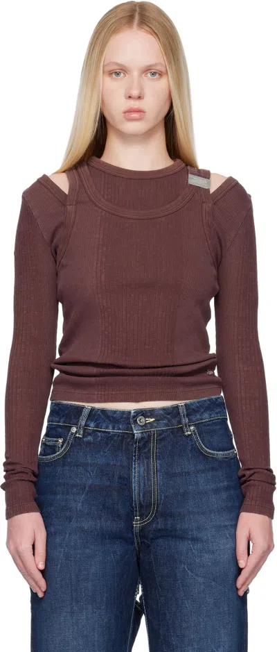 Jean Paul Gaultier Burgundy Rib Cutout Fastener Top In Brown