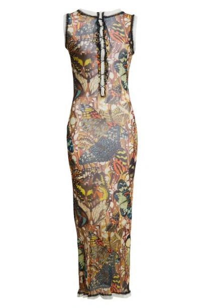 Jean Paul Gaultier Butterfly Print Lace-up Plunge Neck Mesh Maxi Dress In Yellow/ Multicolor