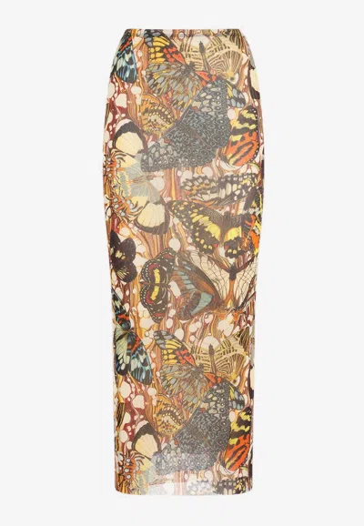 Jean Paul Gaultier Butterfly-print Maxi Mesh Skirt In Multicolour