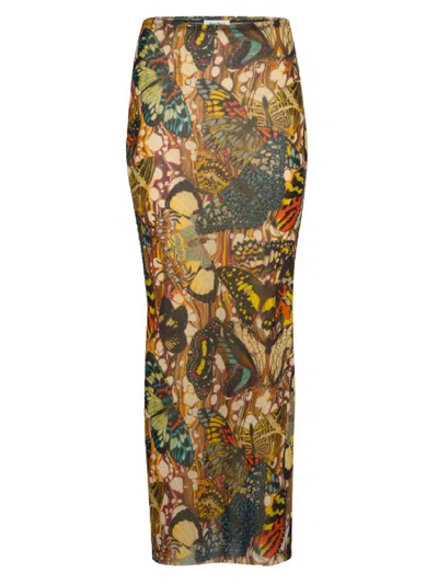 Jean Paul Gaultier Butterfly Print Mesh Long Skirt In Yellow