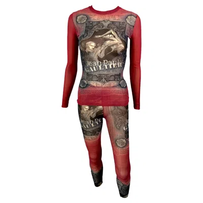 Pre-owned Jean Paul Gaultier C.1995 Vintage Sheer Mesh Top & Leggings Pants 2 Piece Set In Brown