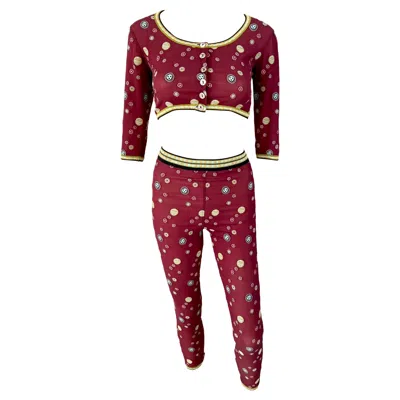 Pre-owned Jean Paul Gaultier C.1996 Vintage Dot Mesh Crop Top & Leggings Pants 2 Piece Set In Red