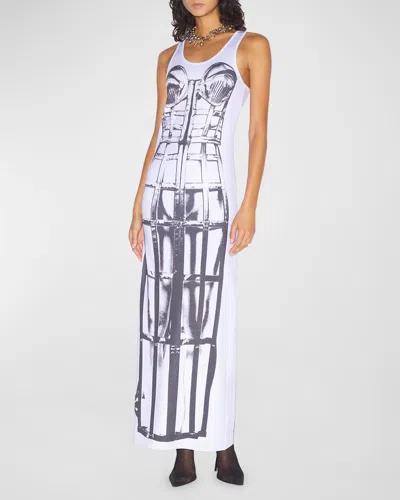 Jean Paul Gaultier Cage Corset Trompe Loeil Jersey Sleeveless Maxi Dress In 0100-white/black
