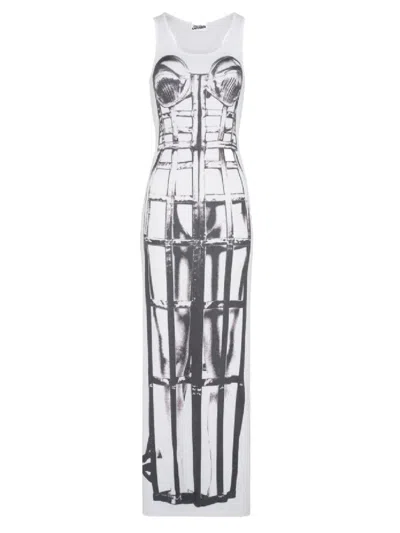 Jean Paul Gaultier Cage Trompe L'œil Print Long Dress In White