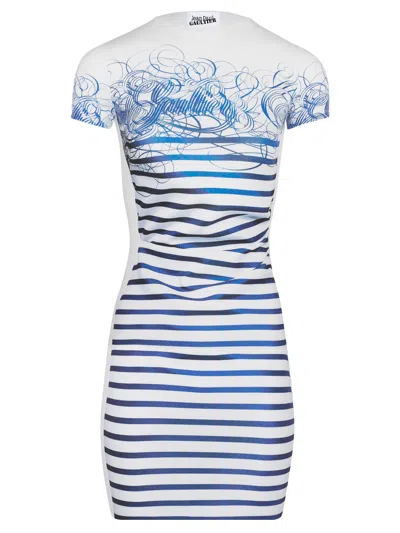 Jean Paul Gaultier Calligraphie Mariniere Mini Dress Woman White In Polyester In Blue