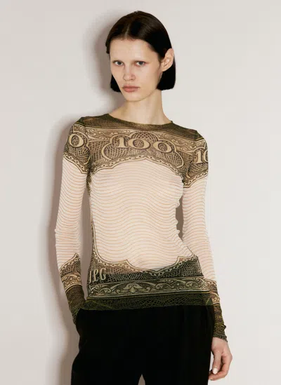 Jean Paul Gaultier Cartouche Mesh Crew Neck Long Sleeve Top In Cream