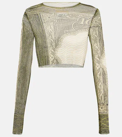Jean Paul Gaultier Reedition Cartouche Graphic Sheer Cropped Top In Green