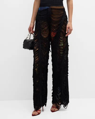 Jean Paul Gaultier City-print Slashed Wide-leg Pants In Browngreenbluered