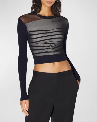 Jean Paul Gaultier Contrasted Mariniere Mixed-media Crop Top In Navy White Black