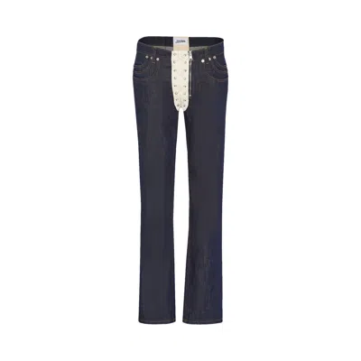 Pre-owned Jean Paul Gaultier Contrasting Lace-up Denim Jeans 'indigo/beige' | Blue | Women's Size 29