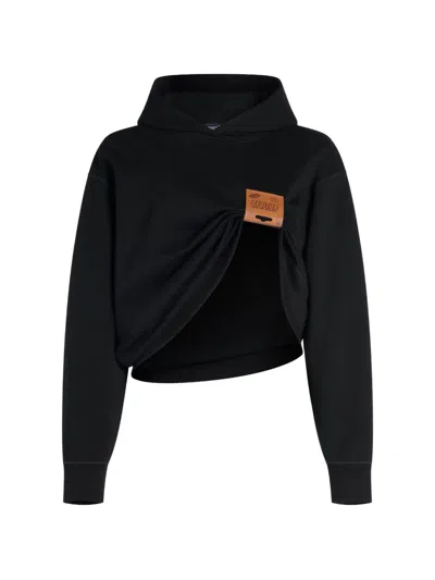 Jean Paul Gaultier Cotton Fleece Hoodie With Leather Tag Detail In Black
