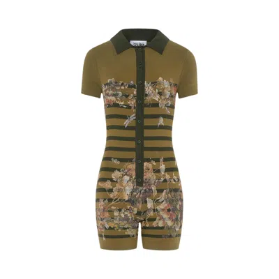 Pre-owned Jean Paul Gaultier Cotton Pique Polo Neck Overall Printed "marinière Grape" 'khaki/multicolor' | Tan In Brown